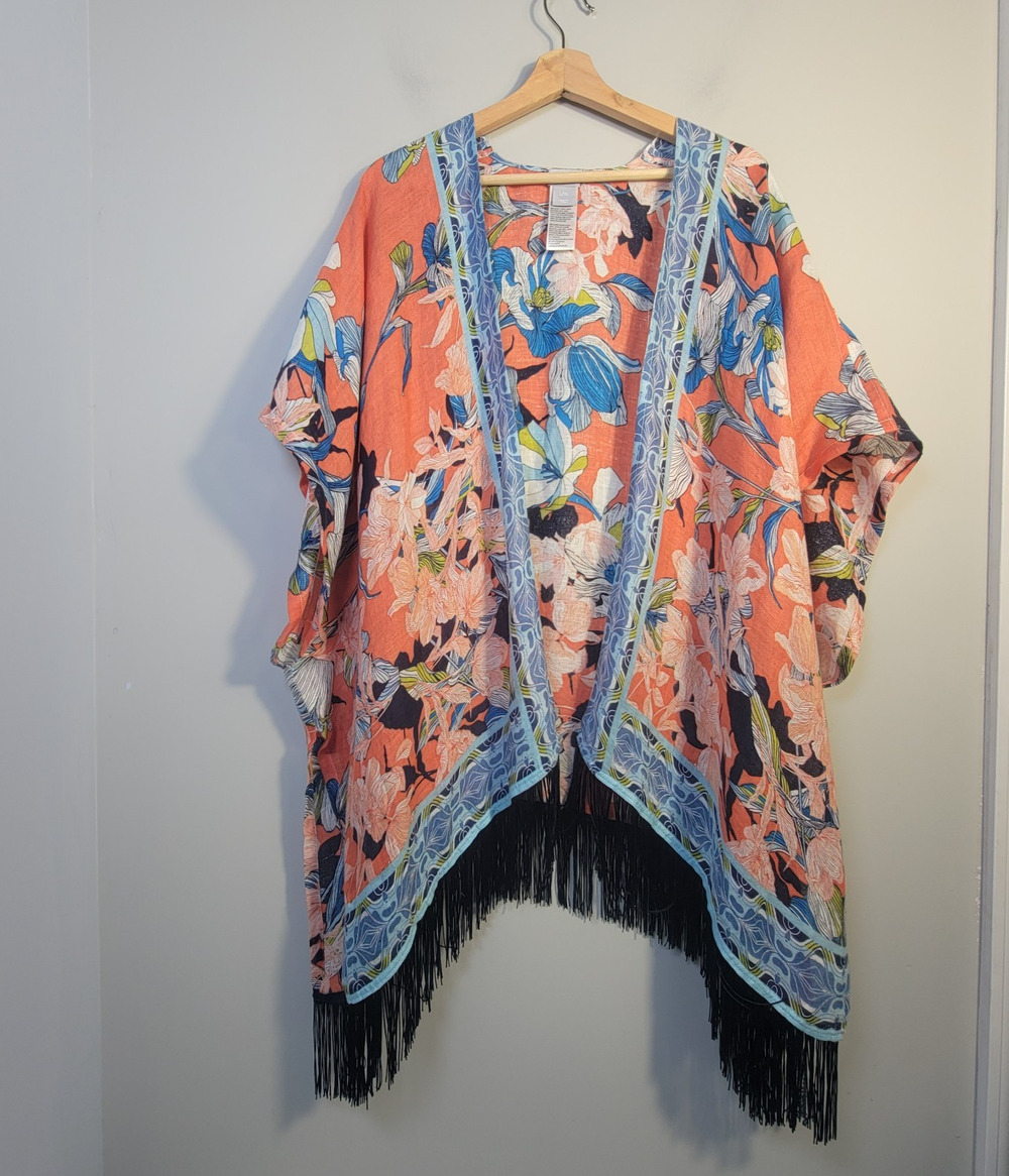 Chicos L/XL Linen Ruana Wrap Kimono Fringe Open Front Boho Multicolor